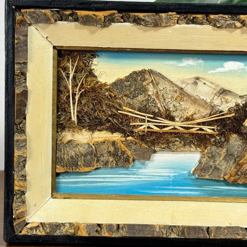 Vintage Japan Bark Art Shadow Box Mountain Lake Bridge Diorama Rustic Wall Decor